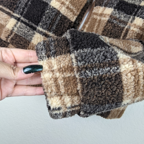 NWOT Princess Polly Doria Jacket Brown Plaid Cropped Oversized Boxy Zip Teddy - Picture 15 of 16